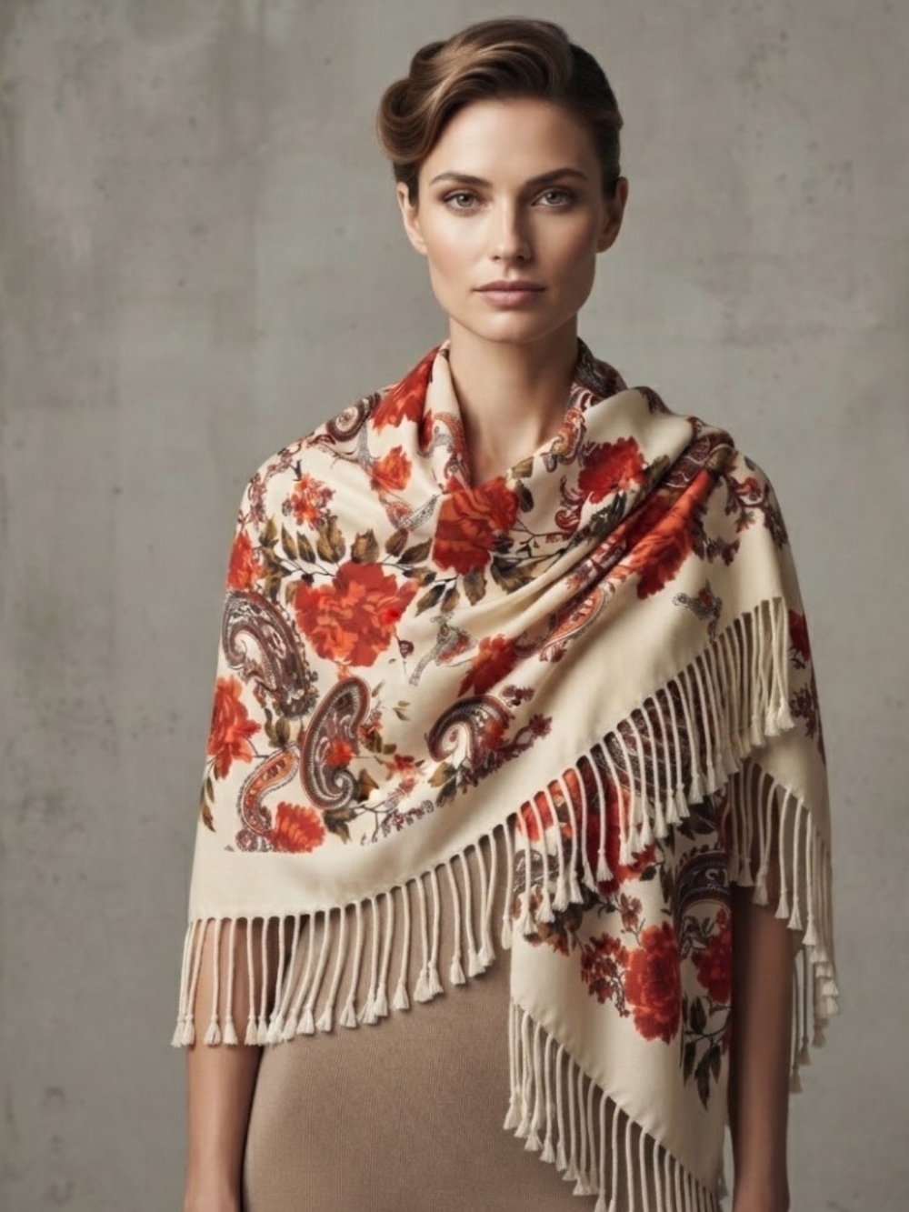 Ivory Floral Fringe Shawl with Rust Red Accents